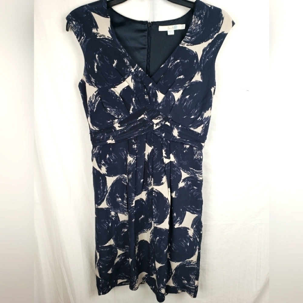 Boden Blue and Ivory 100% Silk Sleeveless VNeck Dress Sz 4R
